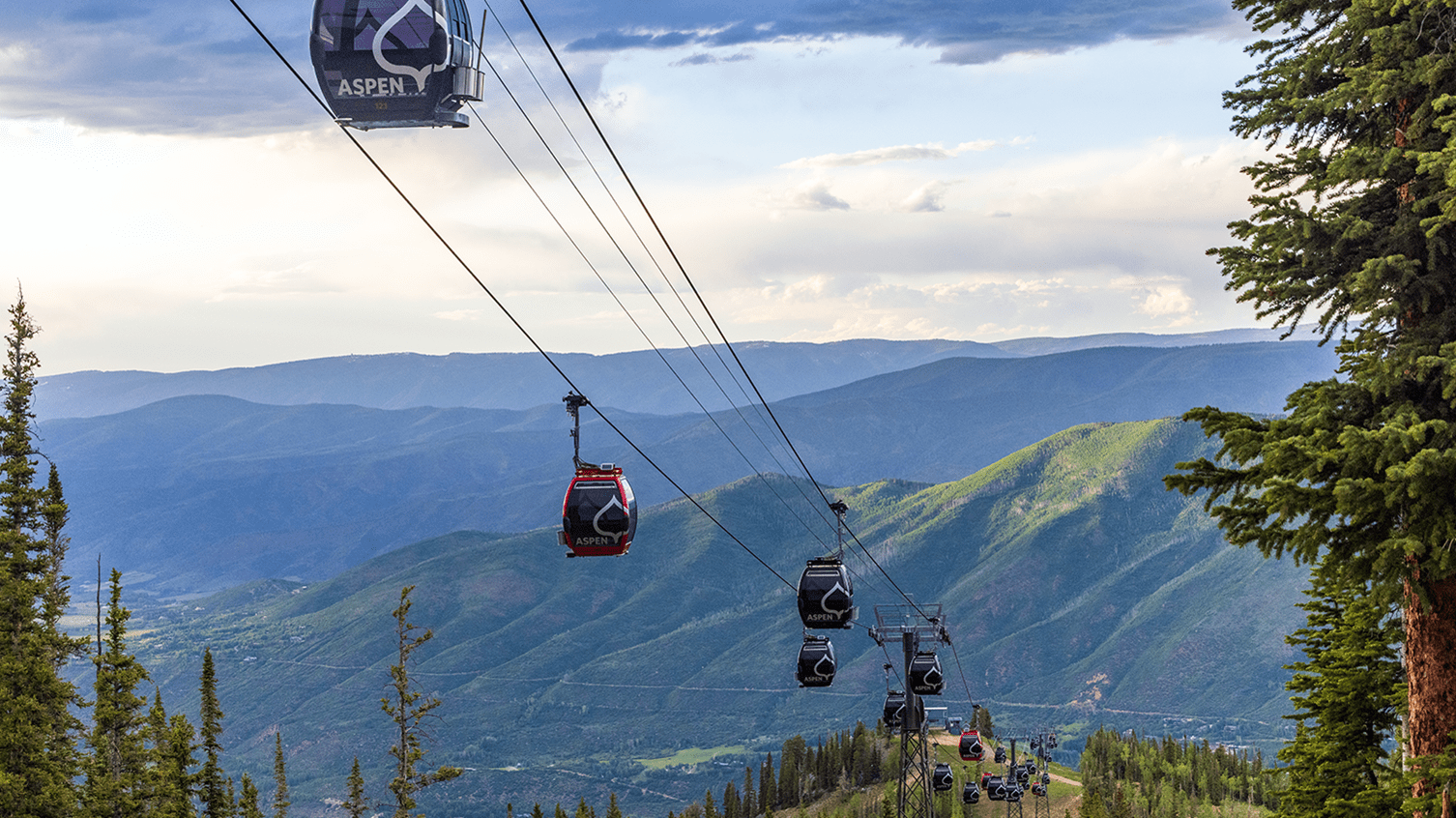 Silver Queen Gondola at Aspen Mountain, moving high above the trees, with Roaring Fork Valley illuminated in the background