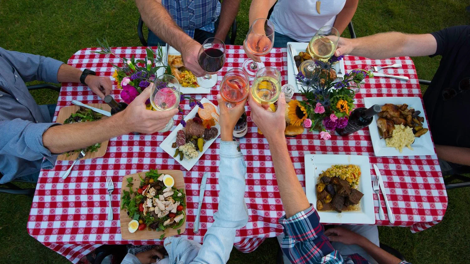a group of people holding wine glasses at a picnic table