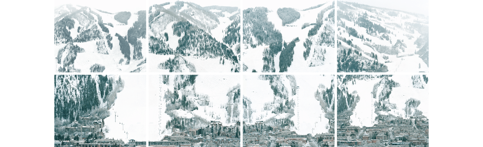 a collage of a mountain with snow and buildings