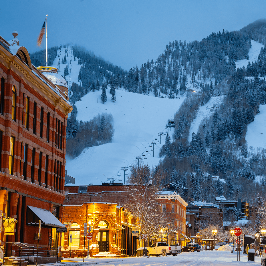 Town of Aspen on a winter night, covered in a blanket of snow