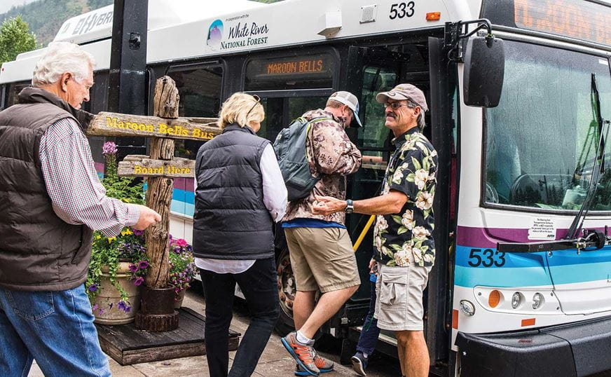 Getting on the bus to Maroon Bells