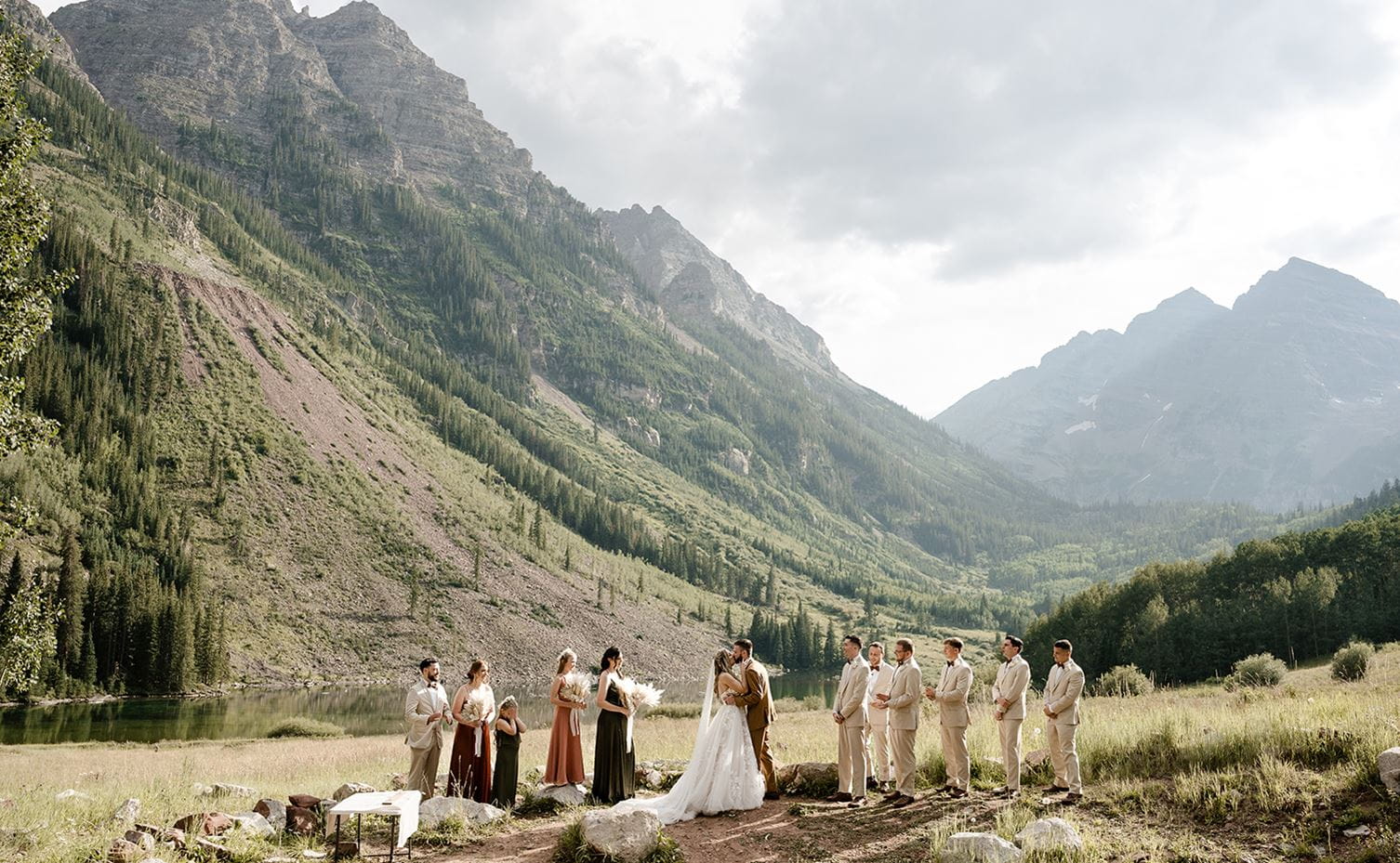 Couple getting married at Maroon Bells near Aspen, Colorado