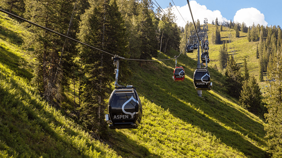 Gondola cars travel uphill, on a sunny summer day at aspen mountain, above green mountain hills, tall pine trees casting shadows in the afternoon sun, with blue skies above