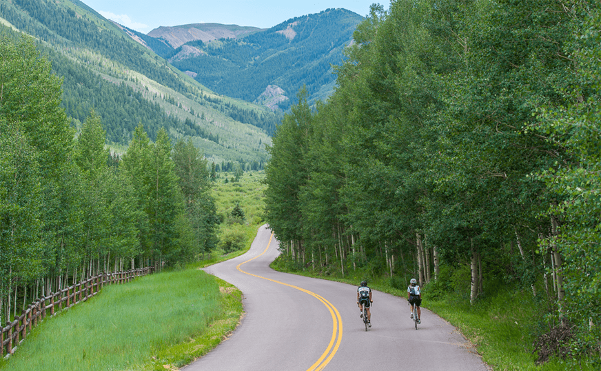 Two cyclists ride up a curvy road in Aspen with tall pine and aspen trees lining the road