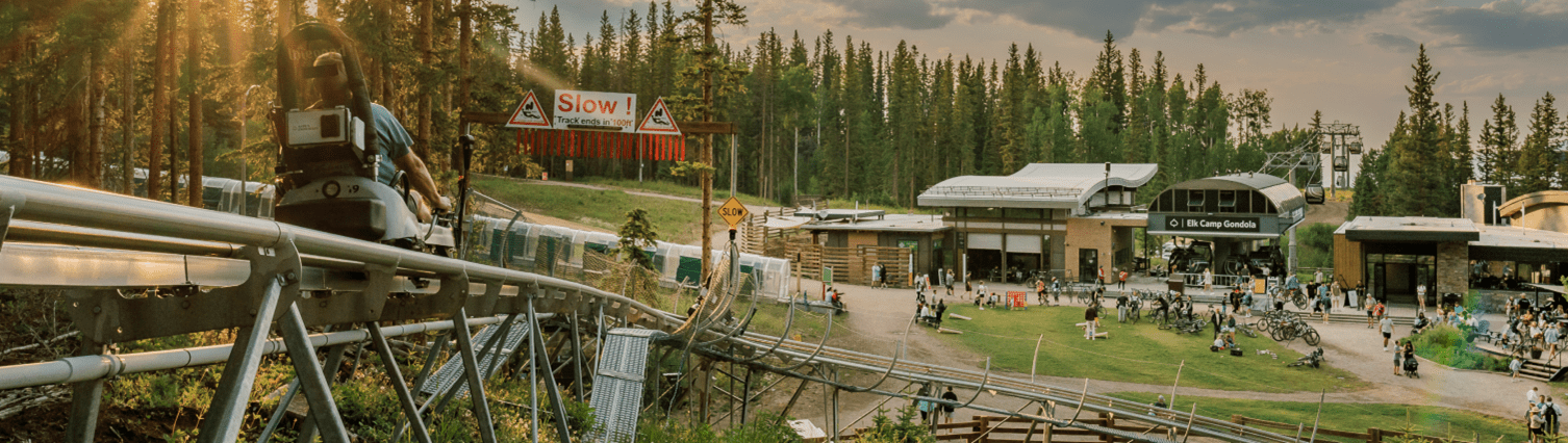 person on alpine coaster, looking at the elk camp view as they come down the final stretch