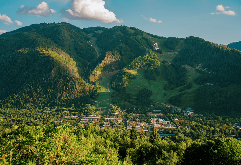 Aerial view of Aspen Mountain, on a summer day