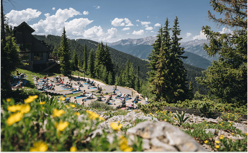 Aspen Mountain wedding deck yoga class with mountain views