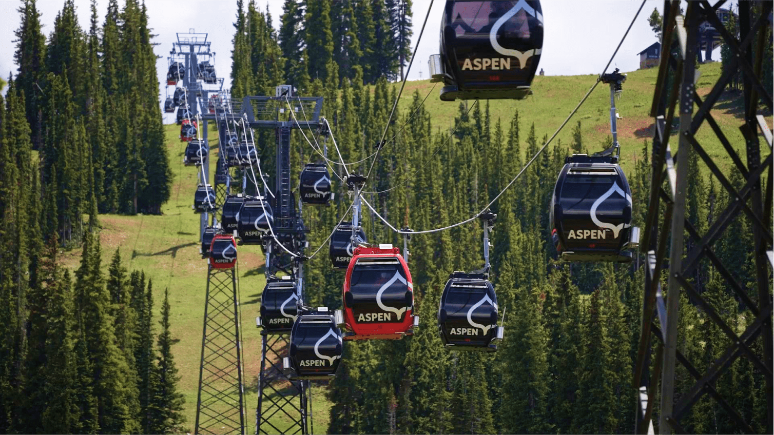 Gondolas travel along the silver queen cable line in summer at snowmass over green pine trees and ski runs