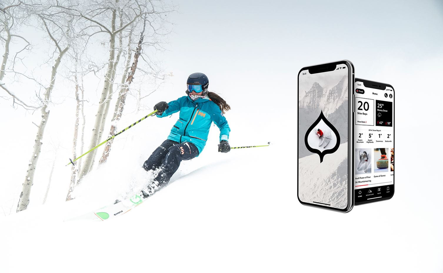 The New Aspen Snowmass mobile app next to a skier enjoying perfect powder conditions