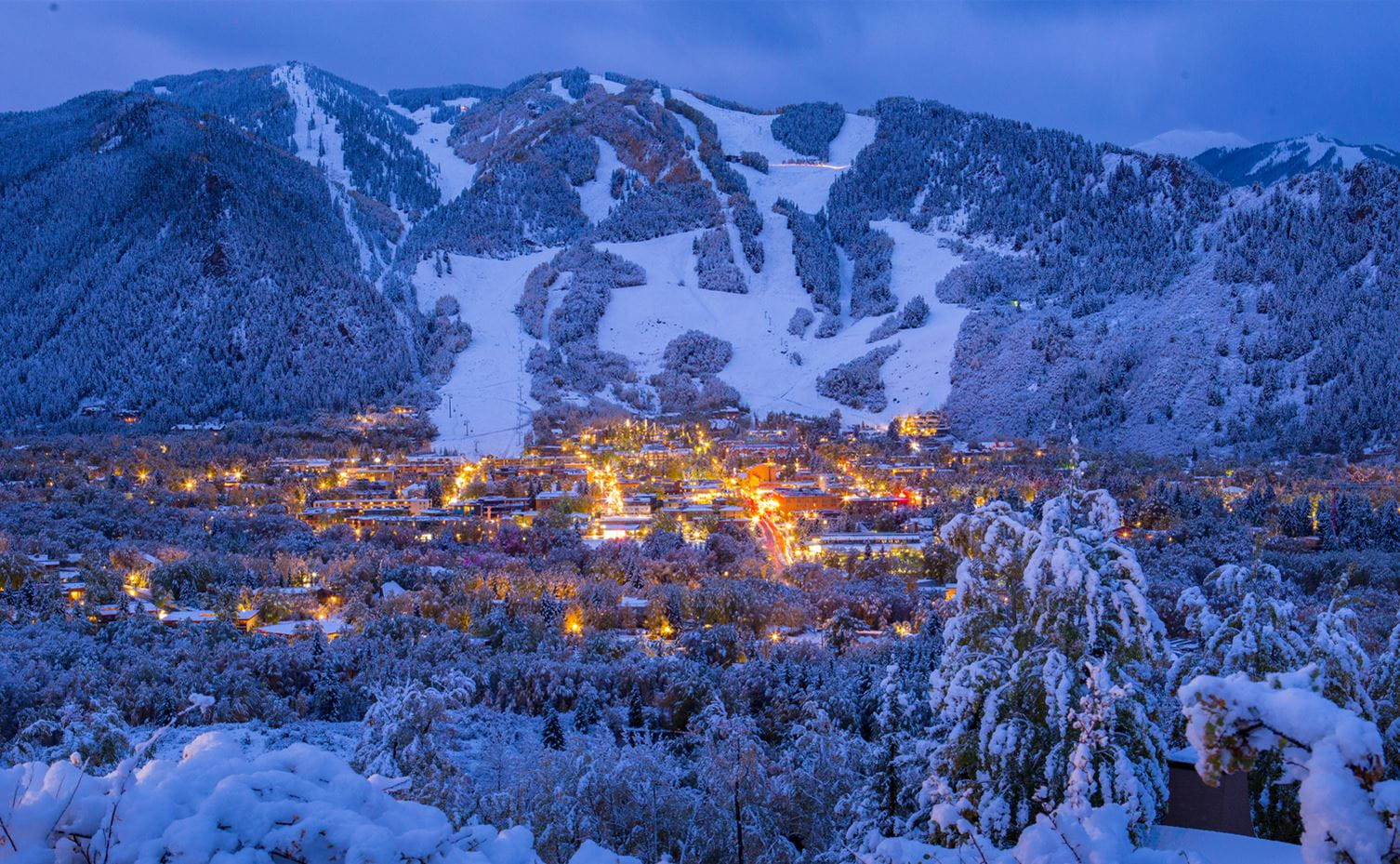 Aspen glows at dusk during a wintery scene in Colorado