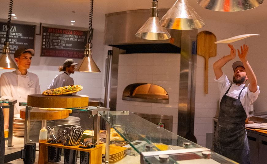 Hand-tossed wood-fire oven pizza at Elk Camp Restaurant, Snowmass