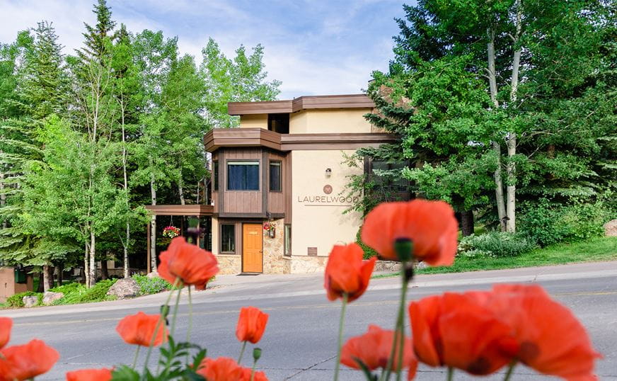 a red flowers in front of a building