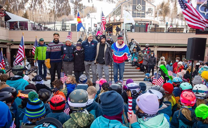 Past Aspen Olympians meet in Gondola Plaza to celebrate the next group of Aspen athletes going to the Olympics. 
