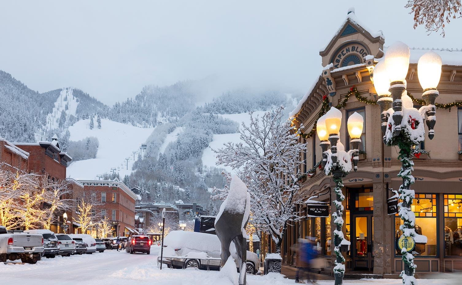 Downtown Aspen on a snowy afternoon