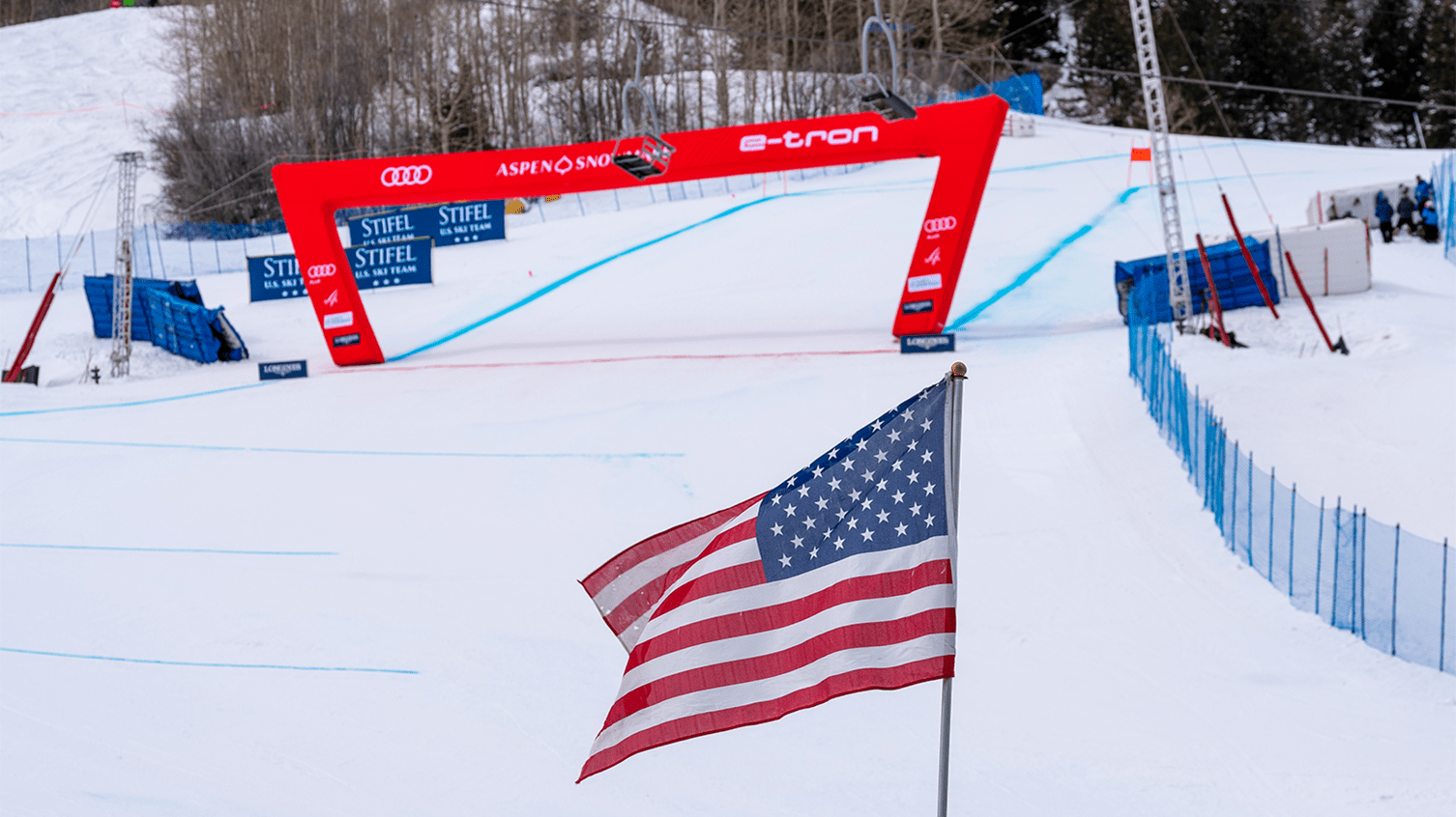 American flag in front of ski course