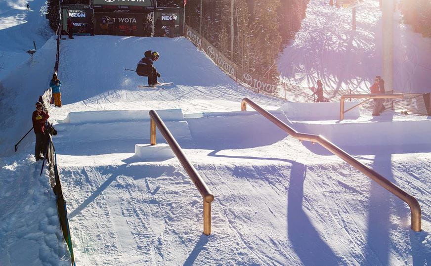 Skier in the Buttermilk Terrain Park competing at the U.S Grand Prix.