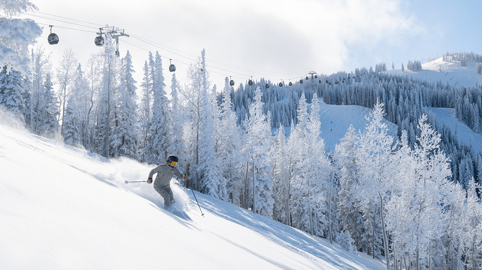 Skier carves through fresh snow on a bright sunny morning, under the Aspen Mountain Gondola 