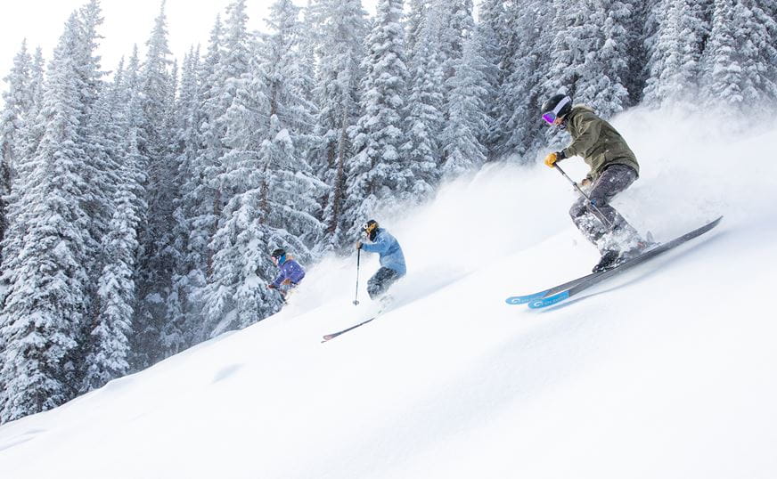 Skiers on a powder day next to trees at Aspen Snowmass ski resort