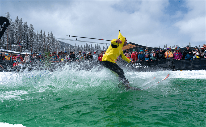 Guy in banana suit pond skimming