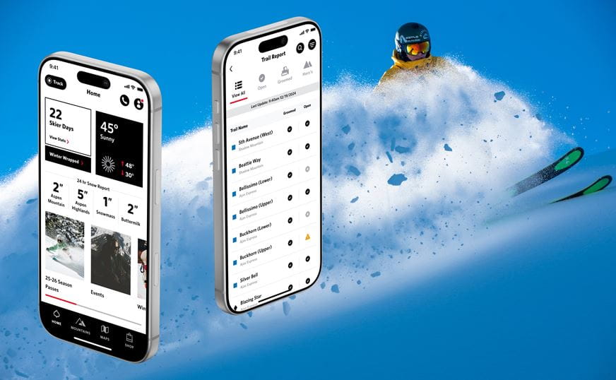app screens on a blue frame, skier behind the app screens