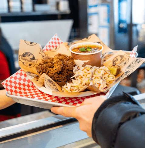 Plate of BBQ, soup and bread at Two Creeks snowmass