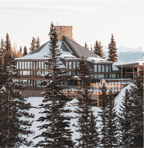 Exterior of large log cabin- high alpine dining at Snowmass