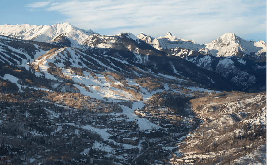 Aerial view of the aspen valley, in the early spring