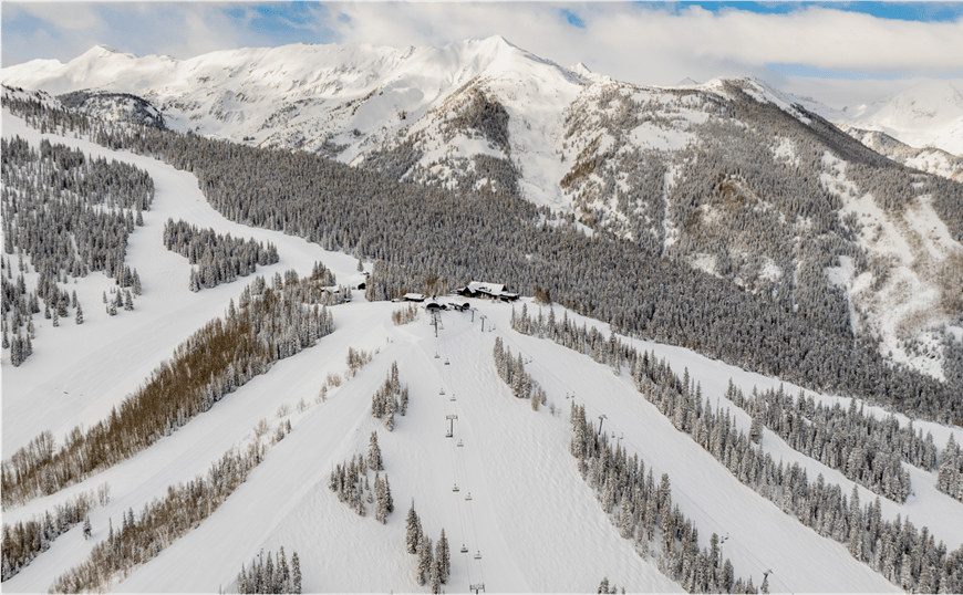 Aerial view of Snowmass, long ski runs lines by bare trees on a partly cloudy ski day