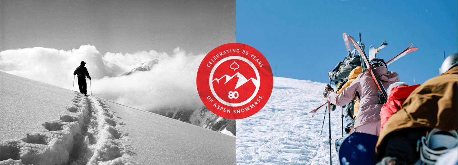 Two images of people hiking the highlands bowl, one from the 80's, one from this year, with the 80th anniversary logo between
