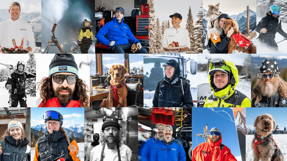 A photo collage of Aspen Snowmass Employee headshots and action shots.