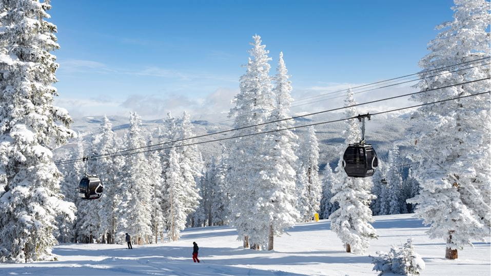 Aspen Gondola on a blue bird day, fresh snow dusts the trees