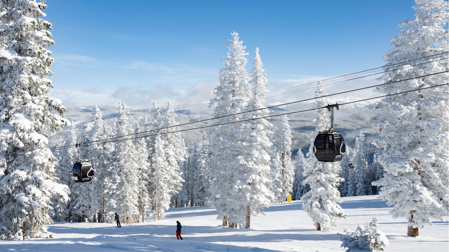 Aspen Gondola on a blue bird day, fresh snow dusts the trees