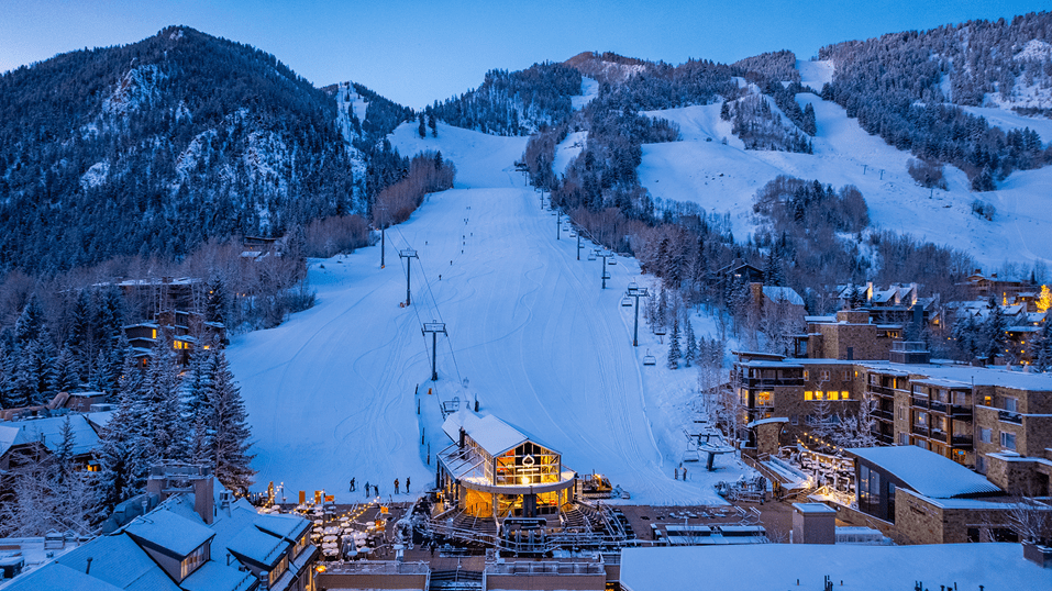 Aspen Mountain at dawn, blue light over the resort