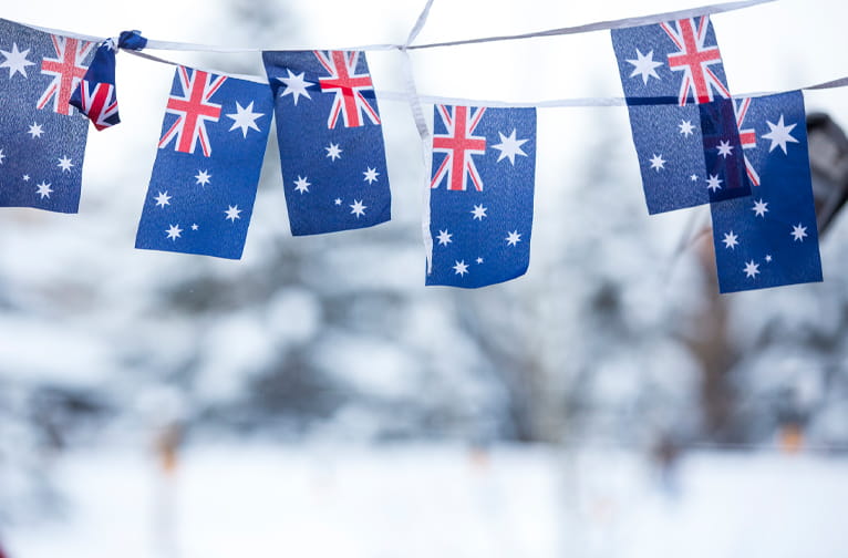 Australian flags on a banner