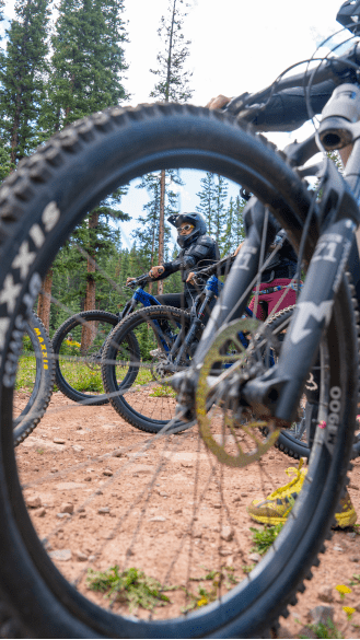 Close up of bike tires at snowmass bike park