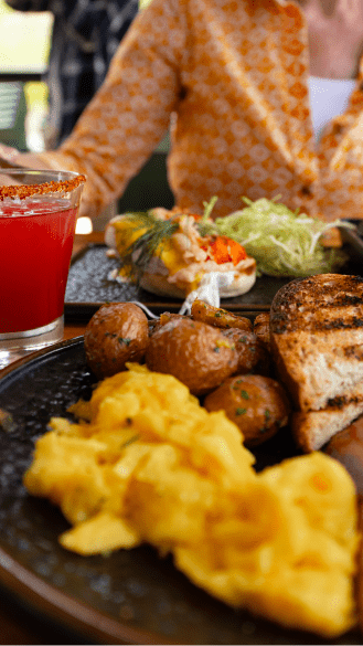 Close up of breakfast, eggs, toast and potatos, served at the cabin brunch offered at Snowmass