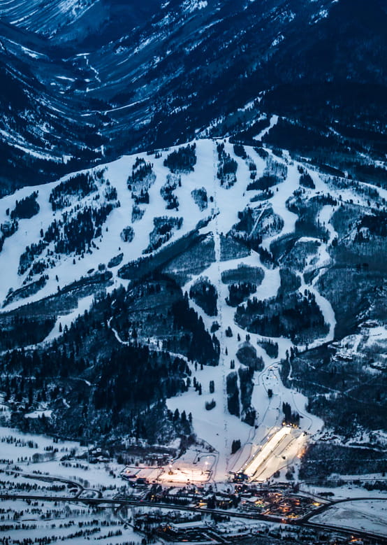 Aerial view of Buttermilk with the Winter X Games lit up at the base