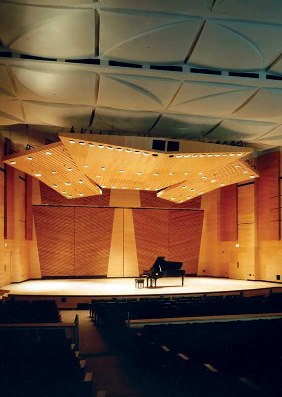 A concert hall with a grand piano at the Aspen Music Festival and School.