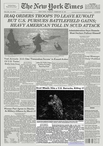 NY Times front page on February 26, 1991.