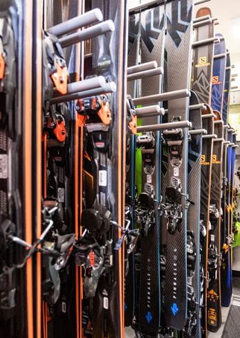 Adult skis ready to be rented at Four Mountain Sports