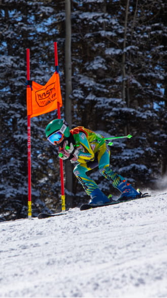 Ski racer next to a flag on the ski slope