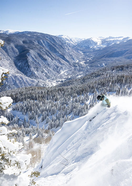 A skier descends a snowy slope, spraying snow, with a vast mountain landscape under a blue sky.