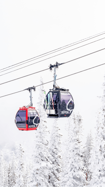 two silver queen gondola cars pass each other on a snowy day on the slopes