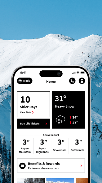 Aspen Snowmass app screen over background of highlands bowl