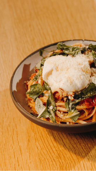 Pasta dish at Sam's Snowmass, with fresh cheese on top