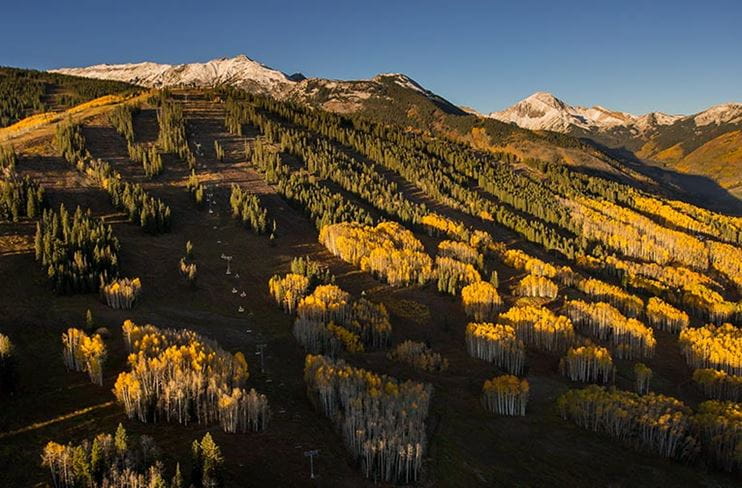 An aerial view of Snowmass during fall color
