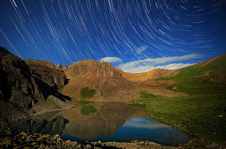 Time lapse view of an alpine lake in Colorado at night