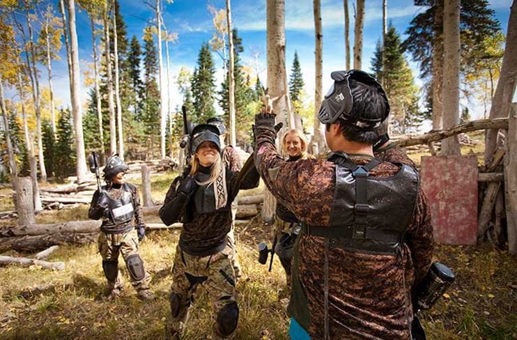 Paintball teams congratulate each other at Snowmass