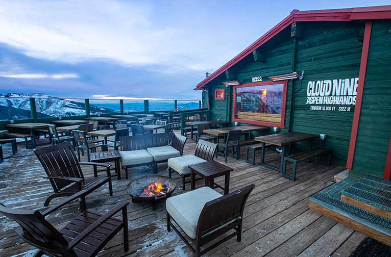 Cloud Nine Alpine Bistro's large outdoor patio boasts mountain views.