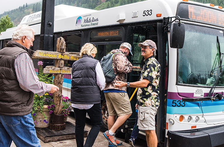 Boarding a RFTA bus for Maroon Bells